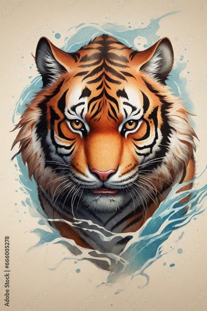 A detailed illustration of vintage tiger head, splash, print, t-shirt design.	