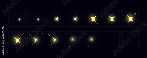 Shine light FX animation frame. Shine effect sprite sheet for video games, cartoon, advertising video and motion design. Hand drawn vector animation.