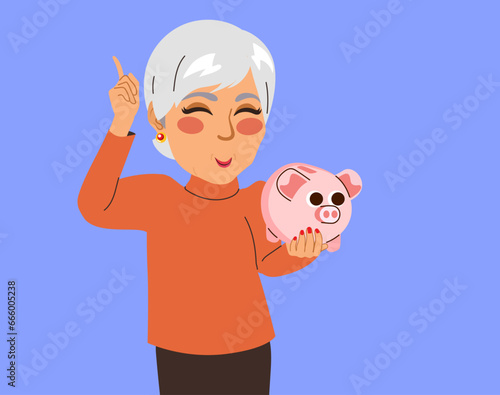 Vector illustration of ingenious grandmother middle-aged woman having an idea where to invest her savings holding a piggy bank with save space background