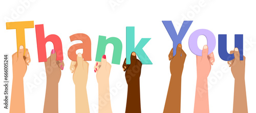 Illustration of a group of diverse hands holding thank you colorful letter words isolated on white background