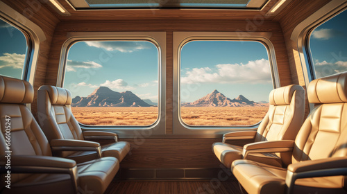 Train Futuristic Interior with Landscape outside the Window.
