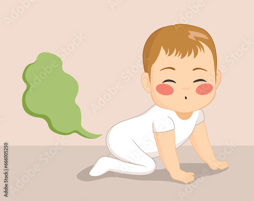 Vector illustration of cute little baby having gas farting vector. Cartoon funny child wearing white outfit having toot flatulence