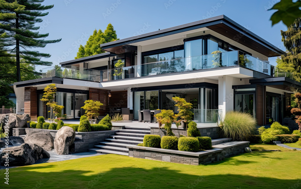 house in the garden ,Exterior of beautiful house with balcony, green grass, Interior Design Background. house in the garden ,Exterior of beautiful house with balcony, green grass, Interior Design Background.