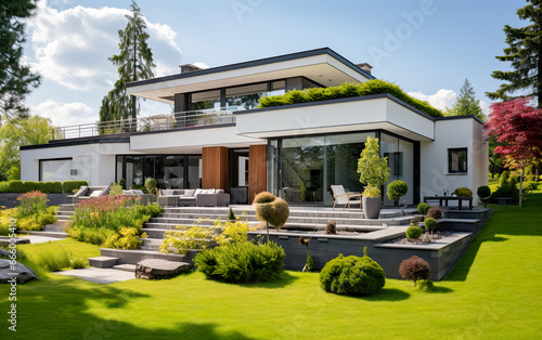 house in the garden ,Exterior of beautiful house with balcony, green grass, Interior Design Background. © HappyTime 17