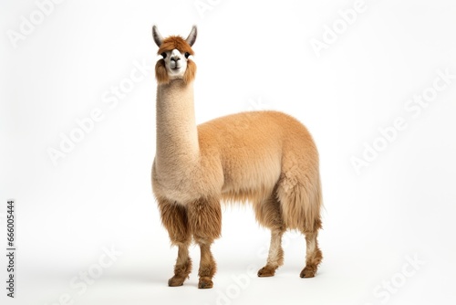 A majestic alpaca posing against a clean white backdrop created with Generative AI technology © Karlaage