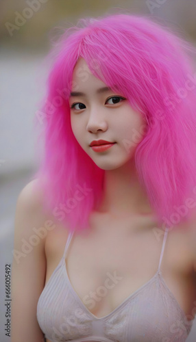 Portrait of asian woman with pink hair on blurred background