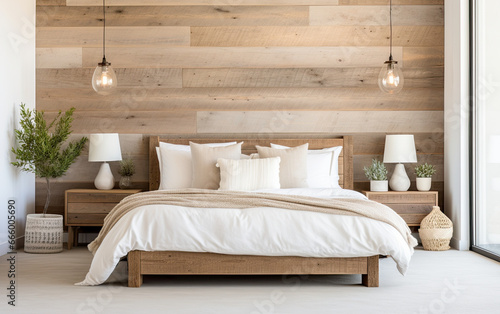 interior of bedroom , Bed with barn wood headboard and rustic bedside cabinet. Farmhouse interior design of modern bedroom , Interior Design Background.