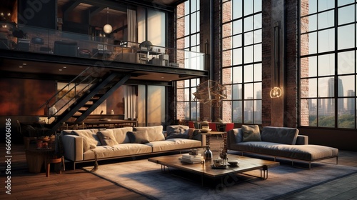 Modern loft interior of an apartment in a big city, large space, architecture, large windows, sofa, coffee table, living room