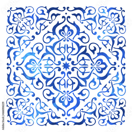 Arabic exquisite, sophisticated pattern. Watercolor drawing with oriental motif Arabesque ligature. Template for leather embossing, wood burning, fabric design, cards, posters