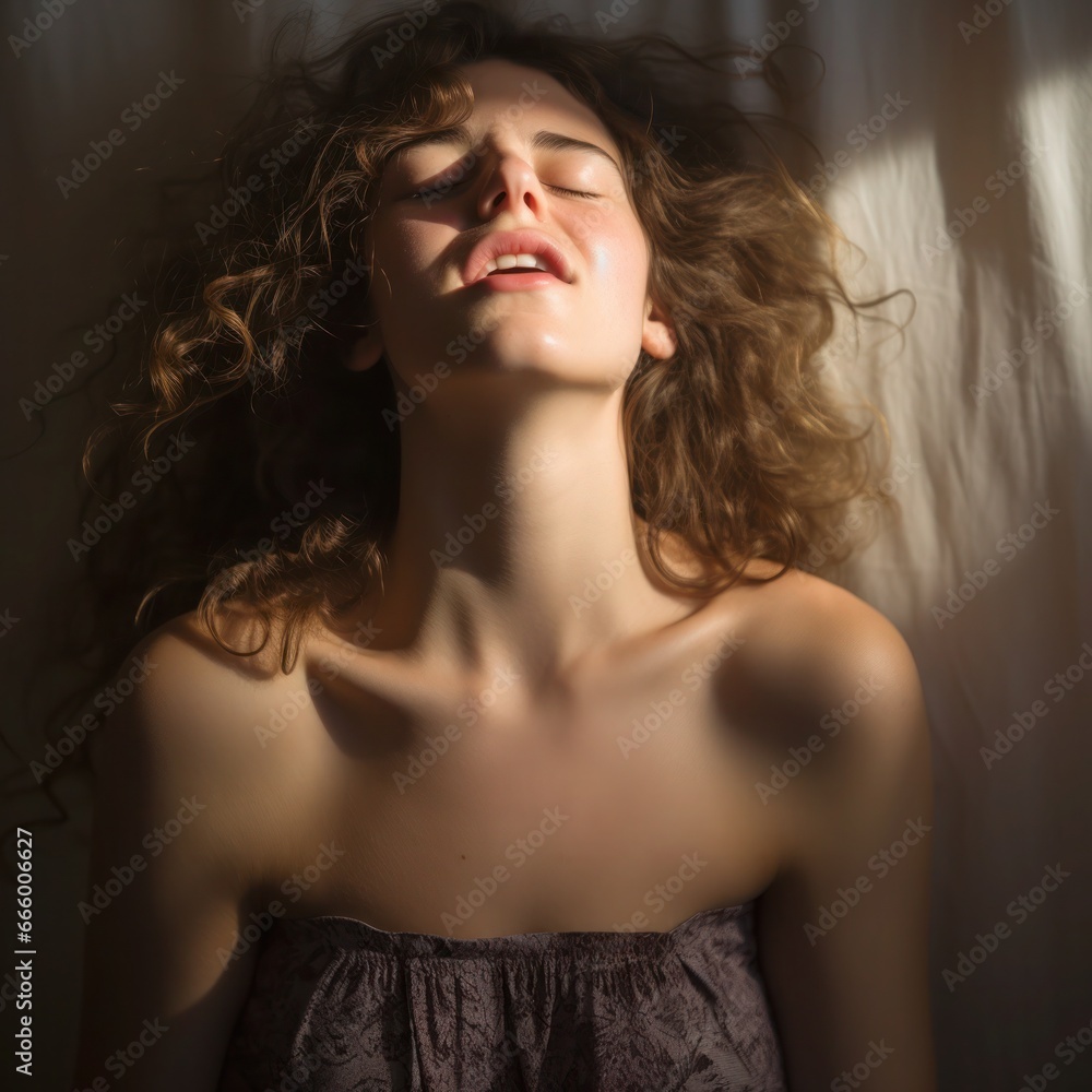 Portrait of a young woman with closed eyes of Caucasian ethnicity with long curly hair