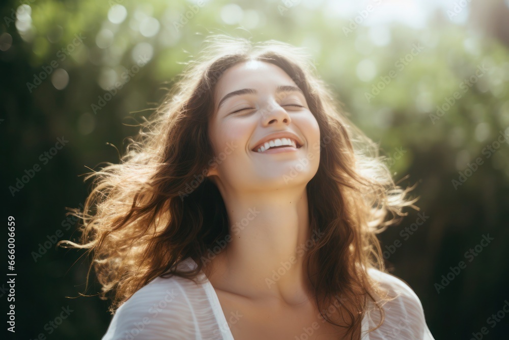 Portrait of a young woman smiling with closed eyes of Caucasian ethnicity with long curly hair in nature