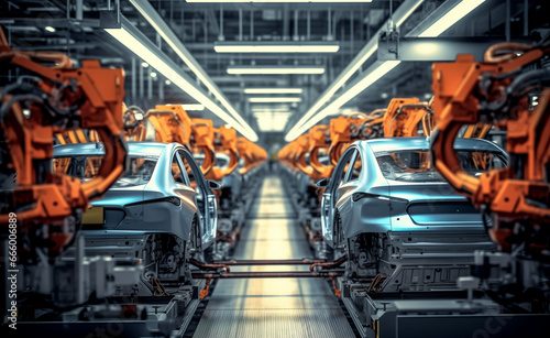 Factory Assembly Line Producing Modern Cars in High Volume.