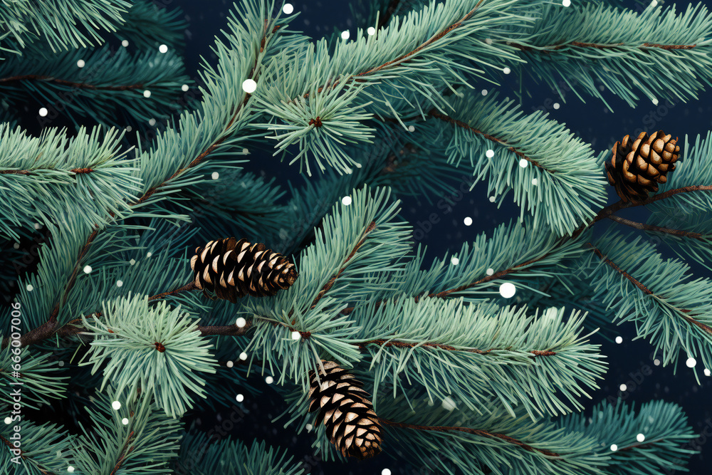Christmas tree branches with pine cones and snow on dark blue background