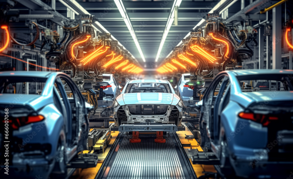 Factory Assembly Line Producing Modern Cars in High Volume.