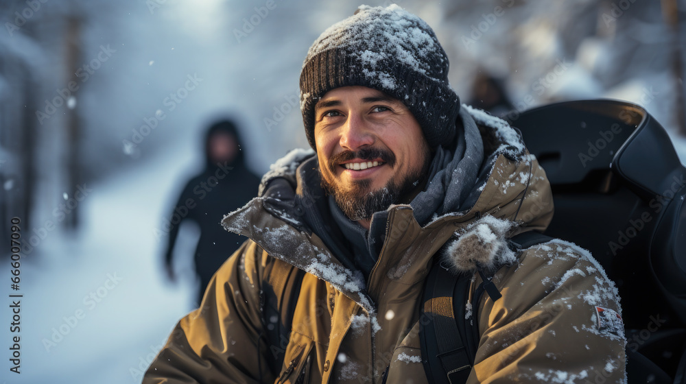 a man on a snowmobile rushes along a white snowy road in a winter forest, transport, sports, north, hobby, motorcycles, tourism, driver, speed, snow scooter, extreme, driving, headlights