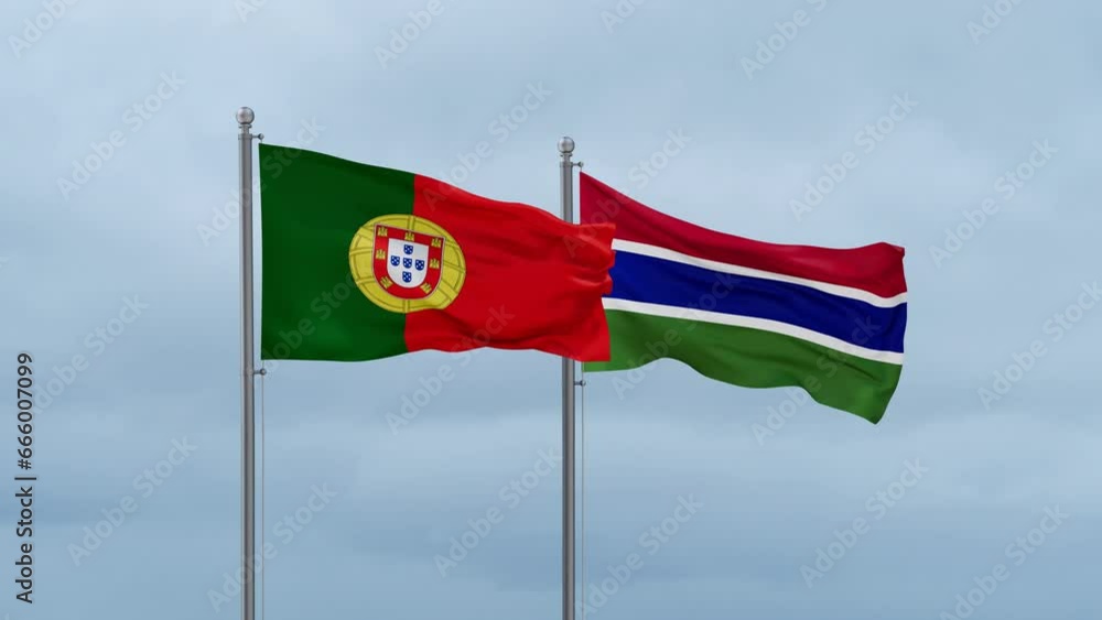 Gambia flag and Portugal flag waving together on cloudy sky, endless seamless loop, two country relations concept Gambia flag and Portugal flag waving together on cloudy sky, endless seamless loop, two country relations concept