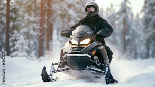 a man on a snowmobile rushes along a white snowy road in a winter forest, transport, sports, north, hobby, motorcycles, tourism, driver, speed, snow scooter, extreme, driving, headlights