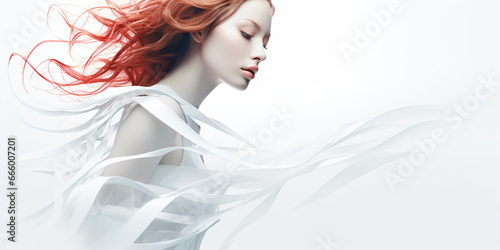 attractive woman with red hair in front of a white abstract background with copy space