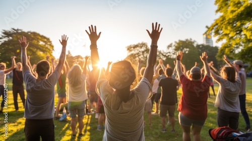 Group of peoples practicing yoga Exercise Relax at the park at sunset. photo