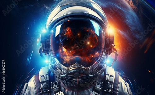 Front view astronaut portrait. Astronaut in space suit with galaxy and nebula reflection in helmet glass