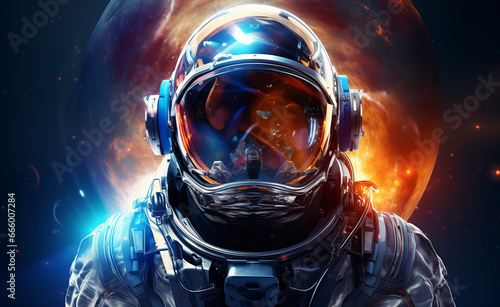 Front view astronaut portrait. Astronaut in space suit with galaxy and nebula reflection in helmet glass © Curioso.Photography