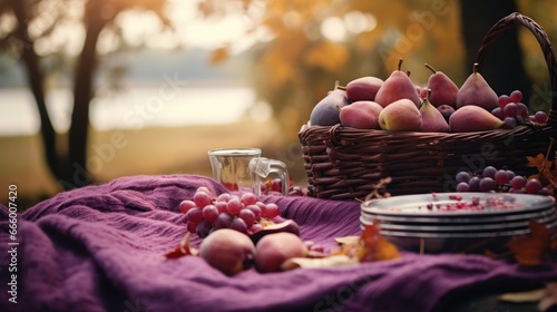 Picnic in autumn park. Lifestyle background.