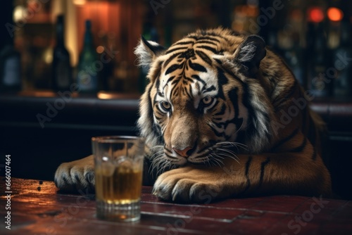 Drinking tiger with a glass of beer.