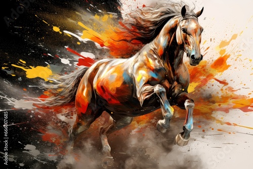 Watercolor horse painting, abstract drawing of a running paint splashed horse