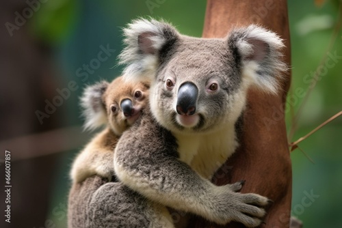 Female koala carrying young on back. Generative AI