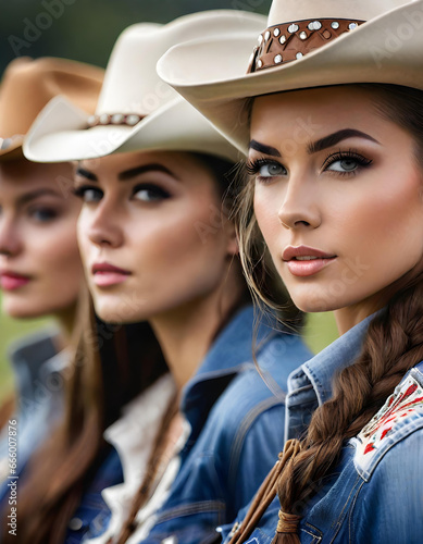 beautiful cowgirls in a row. close up portrait illustration. generative ai