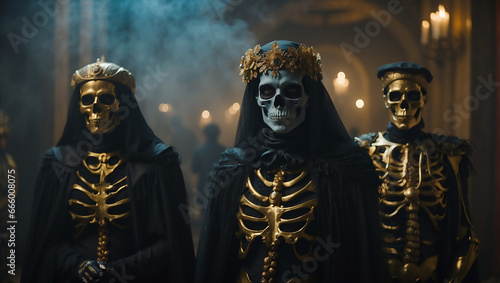 Photo of people in skeleton costumes posing for a Halloween party, editorial, award winning magazine cover photo
