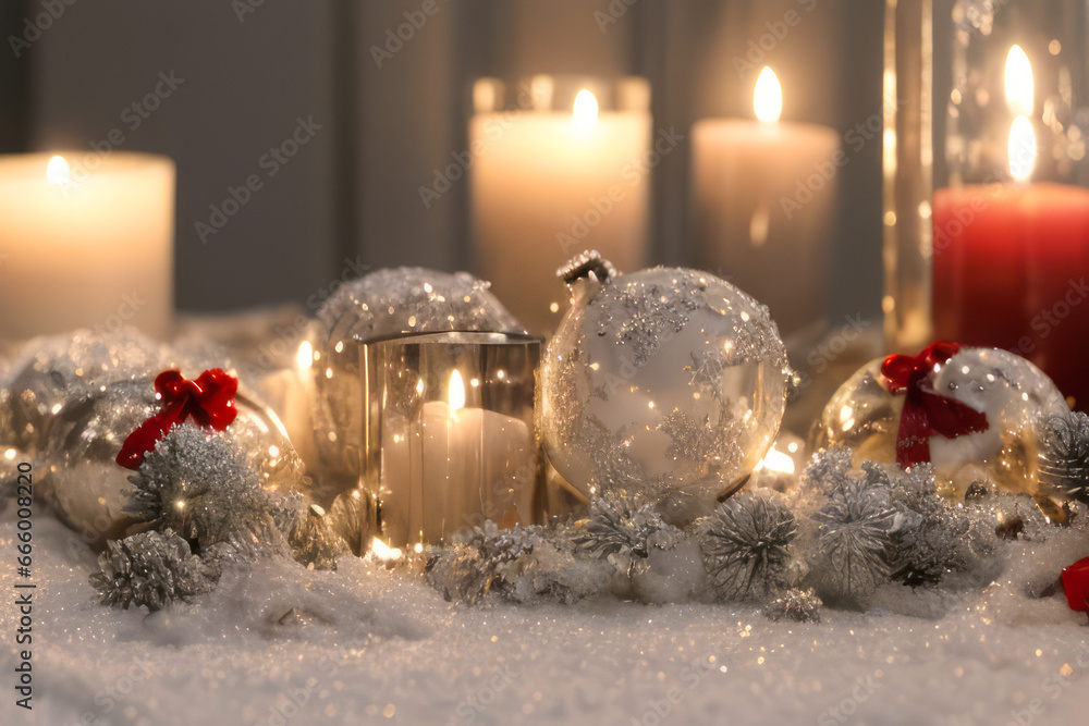 christmas still life with candles and balls