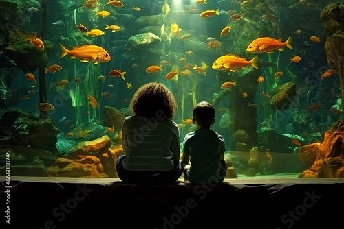 The family, including children, explores the fascinating marine life in an aquarium filled with wonder and interest. © Iryna