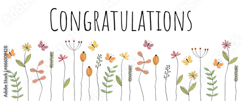Congratulations - Schriftzug in englischer Sprache - Glückwunsch. Glückwunschkarte mit liebevoll gezeichneten Blumen und Schmetterlingen.
