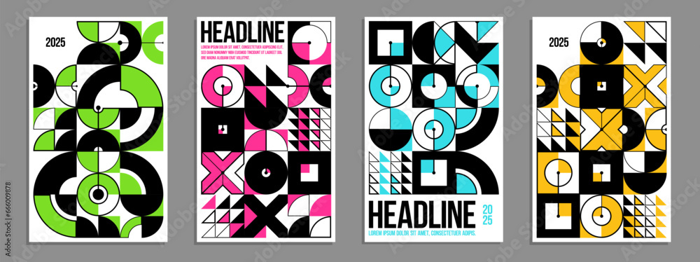 Geometric vector posters and covers in Bauhaus style, layout for advertisement sheet, tech engineering style shapes mechanical, brochure or book cover.