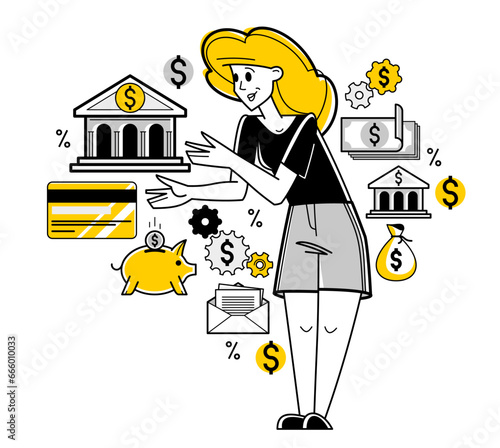 Banking vector outline illustration, manager girl working with finances or customer manages her account with deposit or credit, personal savings.