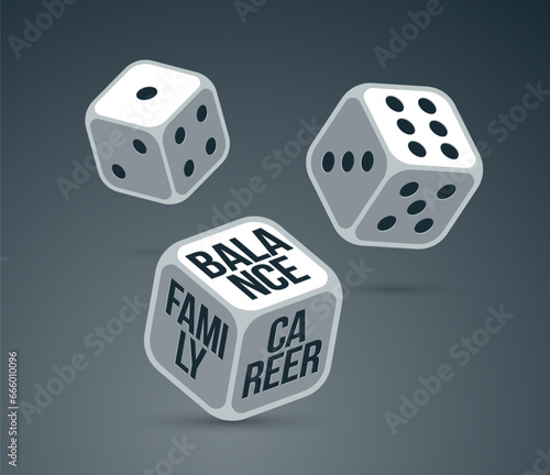 Vector concept of rolling dices and choosing balance between family and career in life for a person in modern world life, vector illustration.