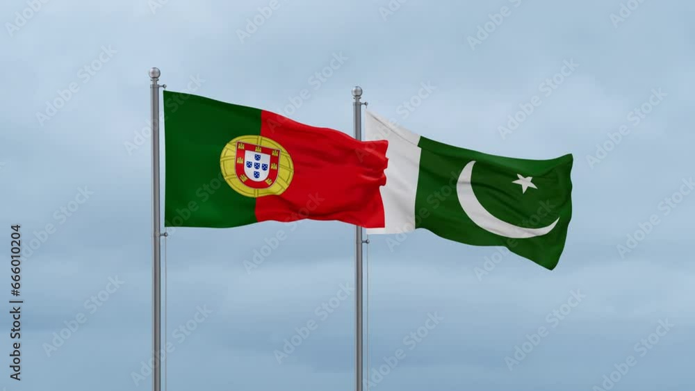 Pakistan flag and Portugal flag waving together on cloudy sky, endless seamless loop, two country relations concept Pakistan flag and Portugal flag waving together on cloudy sky, endless seamless loop, two country relations concept