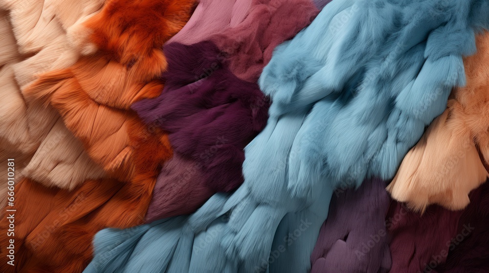 Obraz premium A vibrant explosion of woven textiles, dyed in every hue imaginable, intricately knit together to form a chaotic yet mesmerizing pile of furry clothing