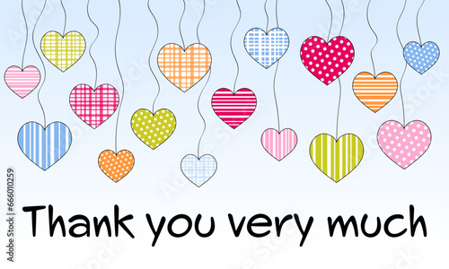 Thank you very much - Schriftzug in englischer Sprache - Vielen Dank. Dankeskarte mit einem Himmel voller Pastellfarbener Herzen. 