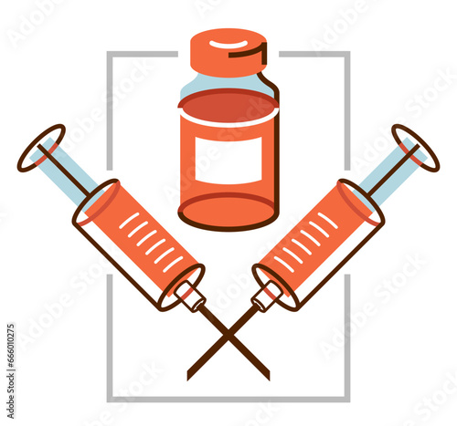 Vaccination theme vector illustration of a syringe with vial isolated over white, epidemic or pandemic coronavirus covid 19 or flu or SARS or any other vaccine, pharmacology concept.