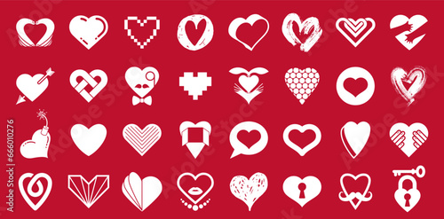 Collection of hearts vector logos or icons set, heart shapes of different styles and concepts symbols, love and care, health and cardiology, geometric and low poly.