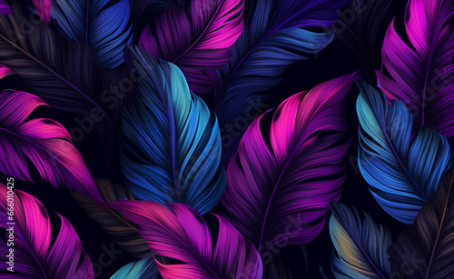 Tropical exotic seamless pattern with neon light color banana leaves  palm on night dark background.