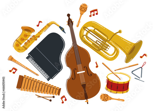 Classical music instruments composition vector flat style illustration isolated on white, classic orchestra acoustic sound, concert or festival, diversity of musical tools.