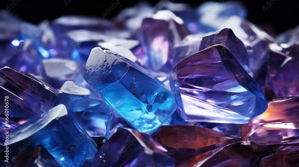 Sparkling hues of amethyst and quartz dance atop a bed of blue crystals, evoking a sense of otherworldly beauty and untamed magic