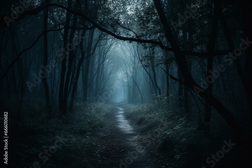 Eerie path through a gloomy forest at night. Generative AI