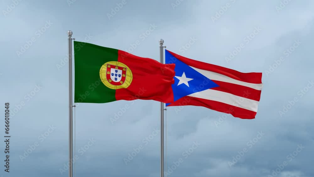 Puerto Rico and Portugal flag waving together on cloudy sky, endless seamless loop, two country cooperation concept Puerto Rico and Portugal flag waving together on cloudy sky, endless seamless loop, two country cooperation concept