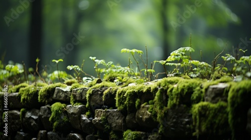 A lush, verdant wall of moss-covered rocks, enveloped by a vibrant forest of towering trees and a carpet of emerald grass, creating a wild and untamed scene of natural beauty