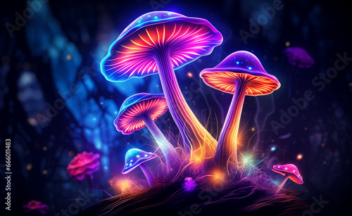 Abstract psychedelic mushroom in colorful neon lights.