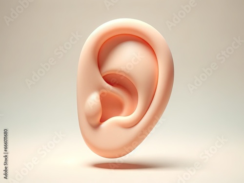 3D render of a cute human ear, stylized with soft textures, pastel colors, and a slightly cartoonish appearance. The ear stands against a neutral background, emphasizing its playful and endearing desi